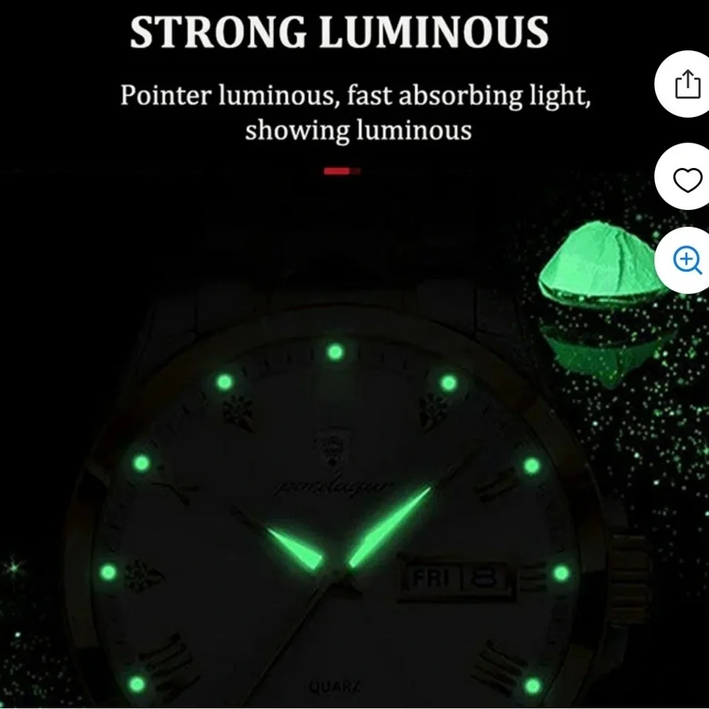POEDAGAR Men's Watch Date Week Waterproof Luminous Quartz Stainless Steel Green